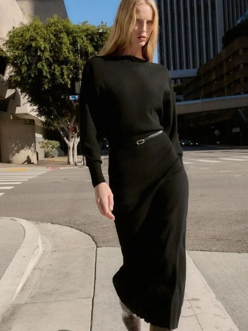 Zara Womens Midi Dress Small Black Long Sleeve Boat Neck Belted 5536/004 NWT
